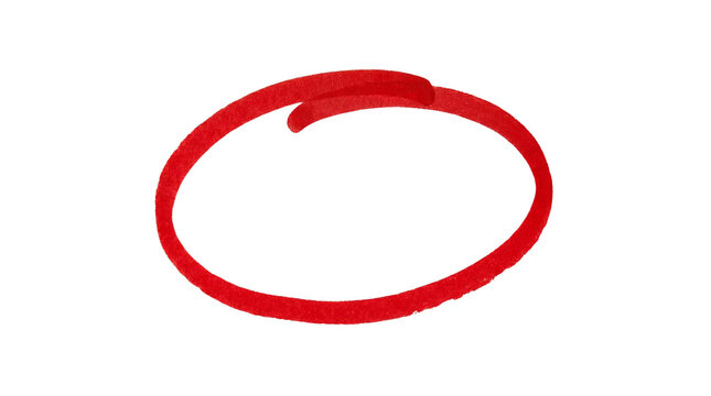 Red hand-drawn circle marker, vibrant felt tip pen stroke, circular highlight element for document editing and emphasis isolated on Transparent Background