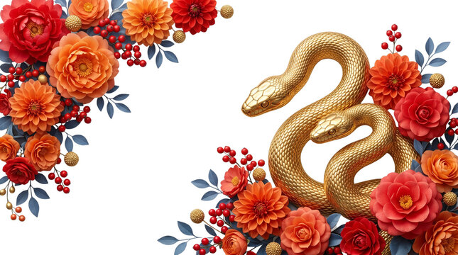 Golden snake statue with red and orange flowers, Chinese New Year 2025 Year of the Snake celebration, elegant floral arrangement with gold serpent isolated on Transparent Background