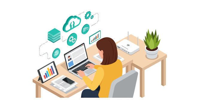Woman working at office desk with laptop and cloud technology icons.
