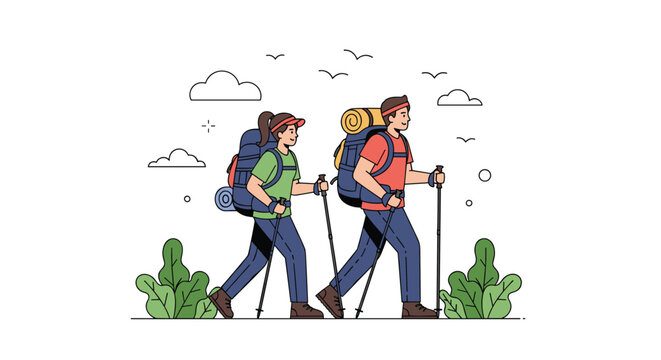 Adventurous man and woman hiking together in the countryside with full backpacks and trekking poles on a sunny day.
