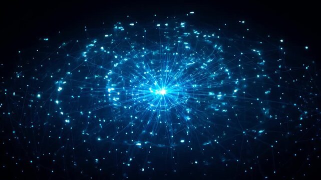 Abstract Digital Network Explosion With Glowing Blue Particles And Lines Connecting On A Dark Background With Bright Center Light