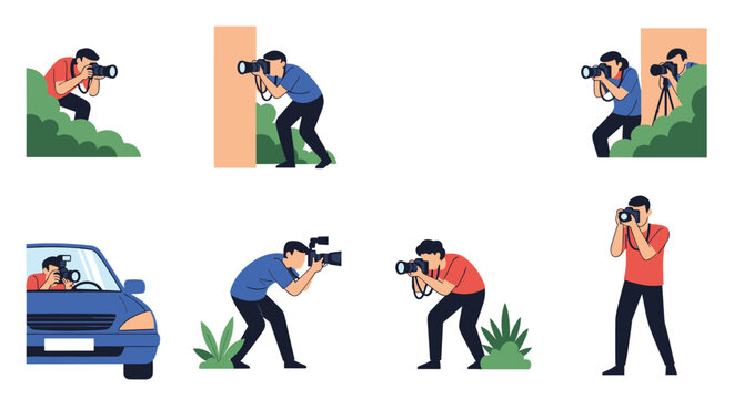Collection of paparazzi photographers hiding in various urban spots to secretly capture candid photos of famous celebrities.