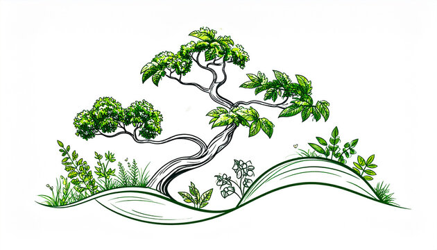 Stylized illustration of a bonsai tree with flowing green foliage and grass nature