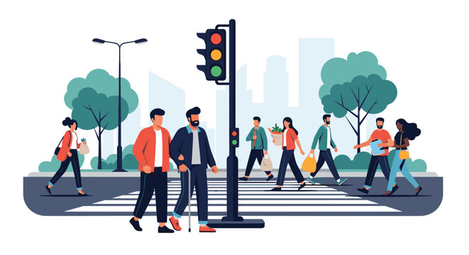Diverse group of people crossing a city street at a pedestrian walk while the traffic signal displays a green light.