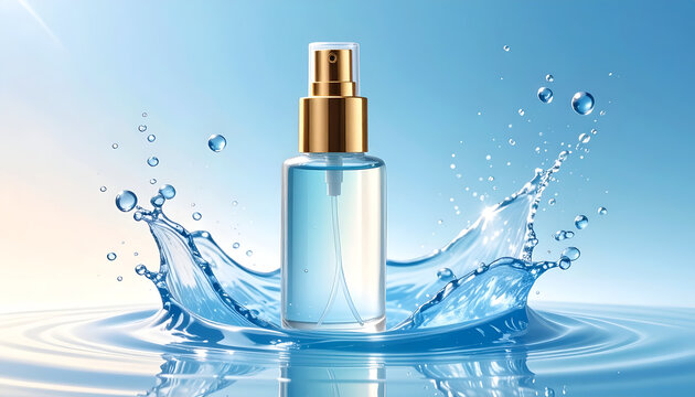 Refreshing Cosmetic Spray Bottle Amidst Dynamic Water Splash.