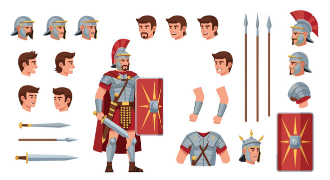 Comprehensive character design set of a Roman legionary showing various poses, expressions, armor, and weapons.