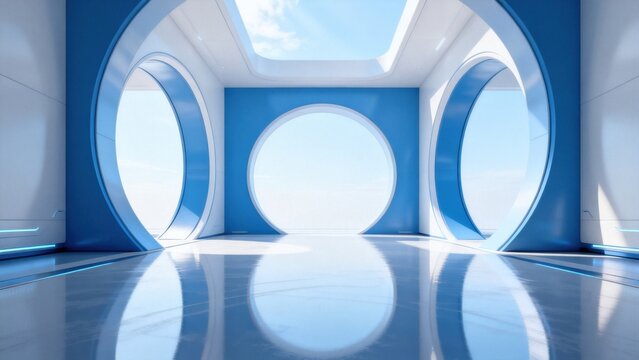 Futuristic blue and white architectural space