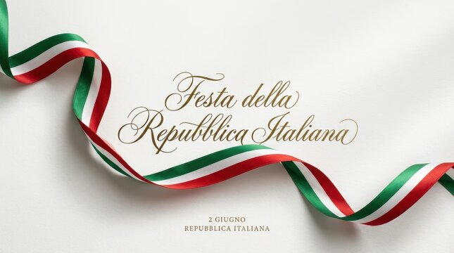 Minimal white background with subtle shadow, ribbon in Italian flag colors flowing across composition, refined italic calligraphy "Festa della Repubblica Italiana"