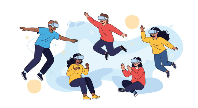 Diverse group of people floating in a virtual space while experiencing immersive reality with VR headsets and goggles.