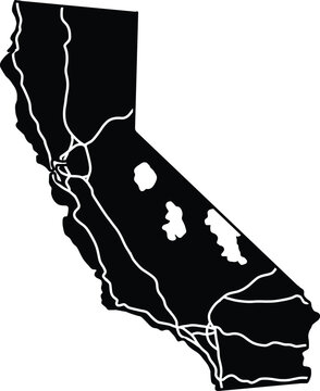 California state map silhouette with major roads and highways, black and white vector illustration