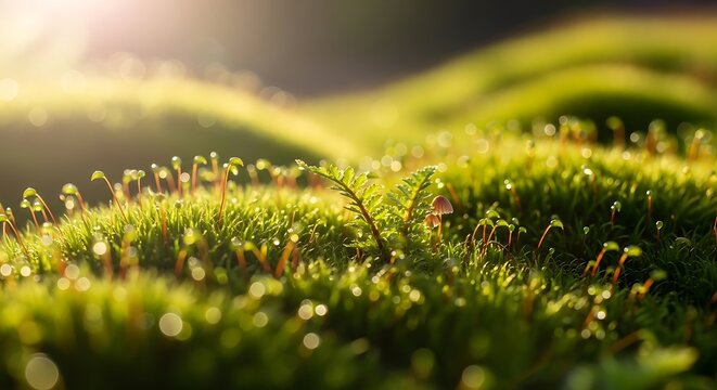 Macro shot of vibrant green moss with tiny mushrooms and fern leaves in a sunlit forest, bokeh background