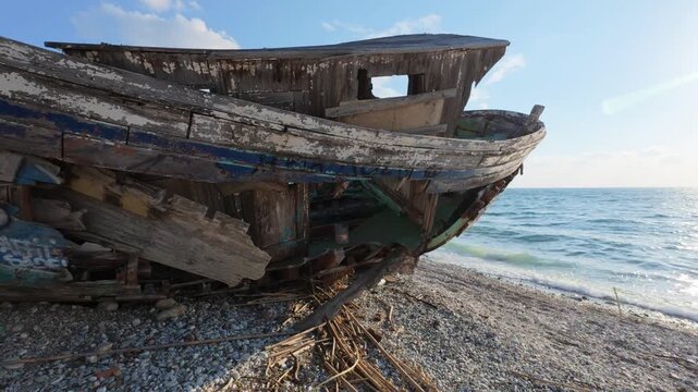 Close view of decayed wooden shipwreck bow on beach with waves