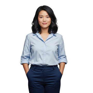 Professional woman standing with hands in pockets posing confidently