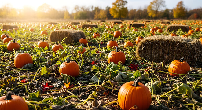 Pumpkin patch with hay bales on an autumn day during harvest season