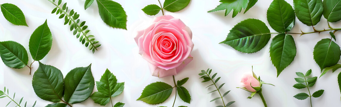 pink rose with green leaves on white wooden background spring floral