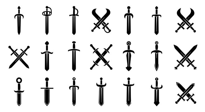 A collection of various swords and knives arranged in rows on a plain surface