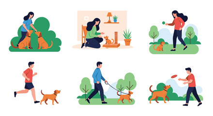 Fototapeta premium Collection of dog owners engaged in various activities with their pets such as playing fetch, jogging, training, and walking in the park.