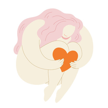Curled woman hug heart