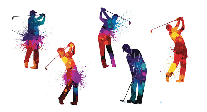 Artistic colorful silhouettes of golfers captured in various stages of a golf swing using a vibrant paint splash and watercolor effect.