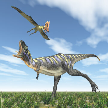 Dinosaurier Aucasaurus und Flugsaurier Thalassodromeus in einer Landschaft