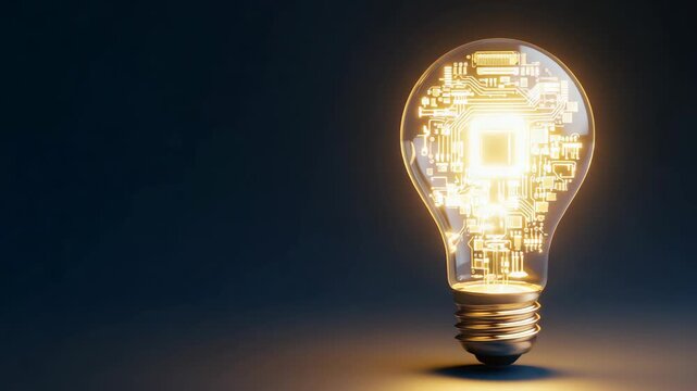 A vintage light bulb glowing with a circuit diagram inside it, representing intelligence or artificial brain function.