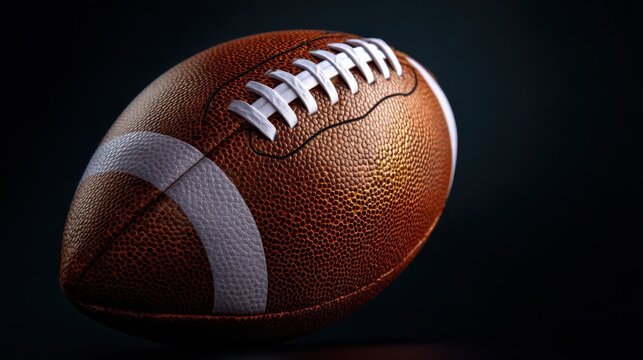 A close-up image of a textured, brown American football with white laces against a dark background.