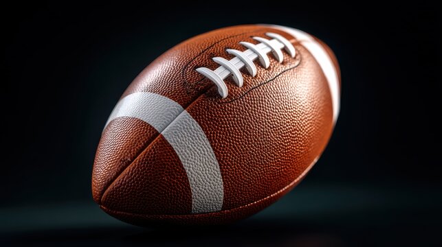 Close-up image of a brown American football with white laces and stripes on a dark background.