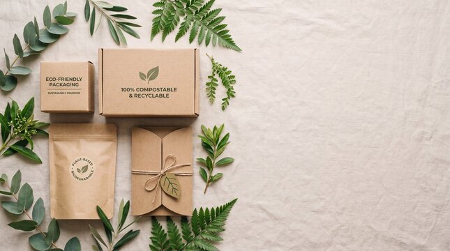 Eco-Friendly Packaging: An overhead view showcasing sustainable packaging made from recyclable and compostable materials, adorned with vibrant green foliage.
