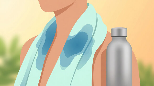 Woman with towel and water bottle demonstrating summer skincare  