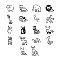Obraz premium Cute Animal Hand Drawn Outline Icon Set