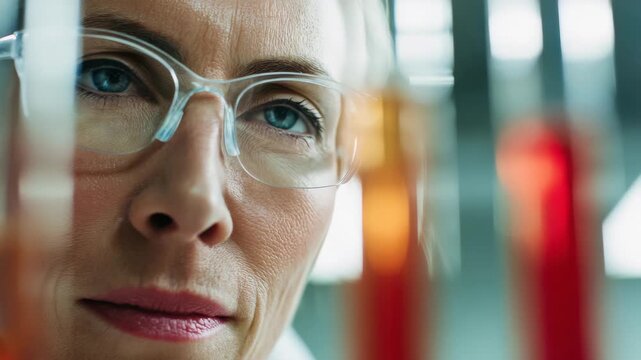 Close-up of woman scientist wearing eyeglasses and working on lab bench with red liquid.