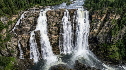 Fototapeta premium Aerial view of a massive waterfall cascading over rocky cliffs. Powerful river flowing through a lush green forest landscape