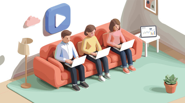 Group of young people using laptops together on sofa representing online streaming, digital content consumption, and shared media experience