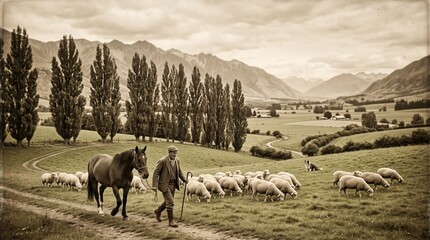 Fototapeta premium Shepherd with Donkey and Sheep in Mountain Valley for Rural Heritage Content with Sepia Pastoral Landscape
