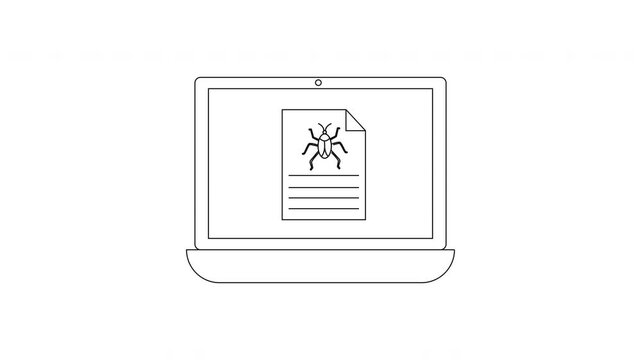 Computer screen displays a document with a bug icon, representing a virus or malware threat.