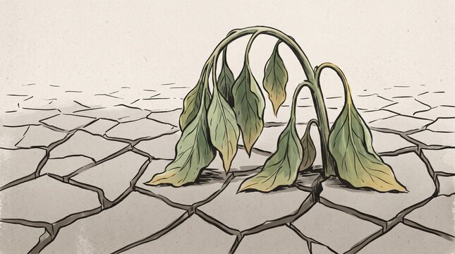 Withered plant struggling to survive on cracked dry ground  
