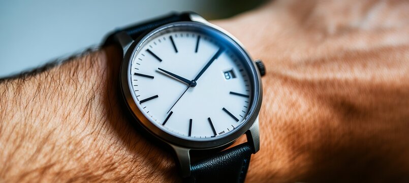 Stylish modern minimalist wrist watch resting on a hairy human arm showcasing everyday life details.