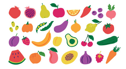Fruits and vegetables vector set with colorful healthy food icons, flat collection of organic fresh produce including apple, banana, tomato, carrot, avocado and berry illustrations © Tartila