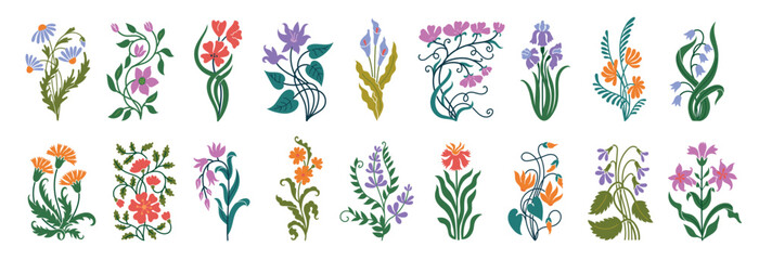 Art nouveau flowers and floral botanical elements, colorful vector set of decorative wildflower bouquets with leaves, vines and blossoms for invitation, textile, greeting card or ornament design © Tartila