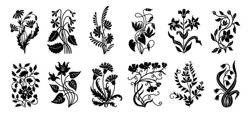 Black art nouveau flowers and floral elements, monochrome vector set of decorative botanical silhouettes with vines, leaves and wildflower stems for vintage ornament design © Tartila