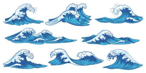 Obraz premium Engraving waves. Ocean blue water surfing wave vintage hand drawn, foam and storm splashes doodle, nautical outline in ukiy o e Japanese sketch style. Marine retro woodcut vector isolated set