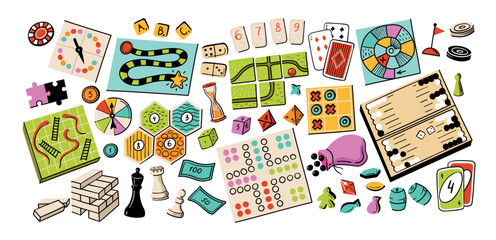 Board game cartoon games for tabletop strategy and family leisure, colorful vector set with dice, cards, domino, snake and ladder, tic tac toe, ludo, backgammon, chess and puzzle pieces © Tartila