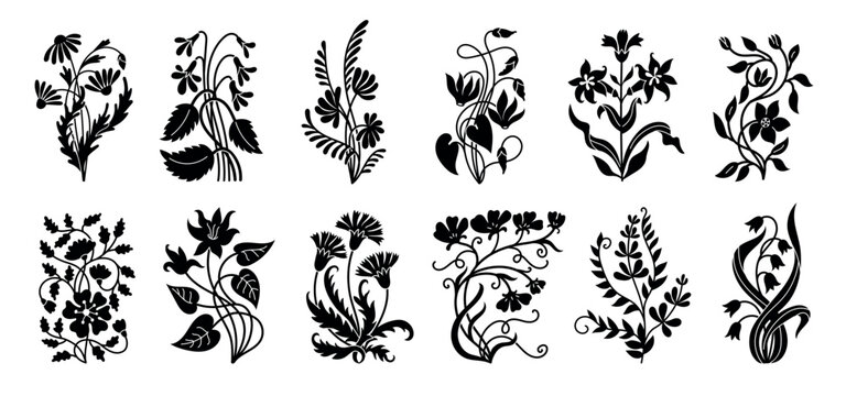 Black art nouveau flowers and floral elements, monochrome vector set of decorative botanical silhouettes with vines, leaves and wildflower stems for vintage ornament design