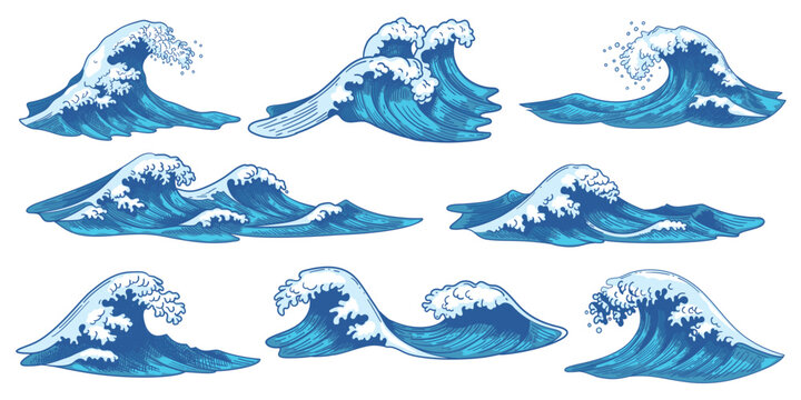 Engraving waves. Ocean blue water surfing wave vintage hand drawn, foam and storm splashes doodle, nautical outline in ukiy o e Japanese sketch style. Marine retro woodcut vector isolated set