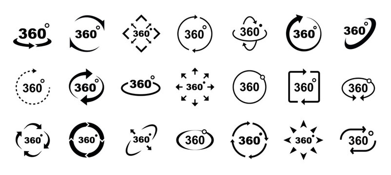 360 rotation icons with circular arrows, vector set of panoramic view and spin symbols for virtual tour, refresh, navigation, product preview and interactive UI design