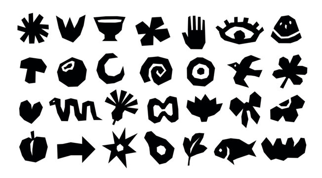 Linocut symbols and primitive glyphs vector set, bold black handmade silhouettes with folk flowers, leaves, eye, fish, bird, arrow and abstract icons for decorative design