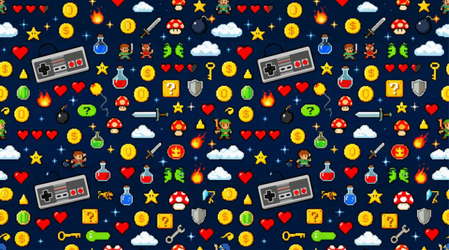 Seamless Pixel Gaming Pattern with Retro Digital Elements