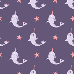 Cute narwhal seamless pattern. Cartoon ocean animal background. Sea repeat design. Kids vector illustration. © JulzaArt