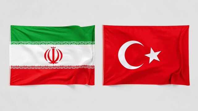 flags of iran and turkey are located side by side on a light background. video represents a symbol of regional cooperation, islamic traditions and diplomatic ties.