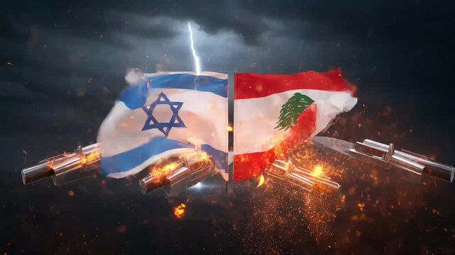 symbolic image of standoff between israel and lebanon against dark stormy sky flags of states are separated by barrier emphasizing border conflict and international tension